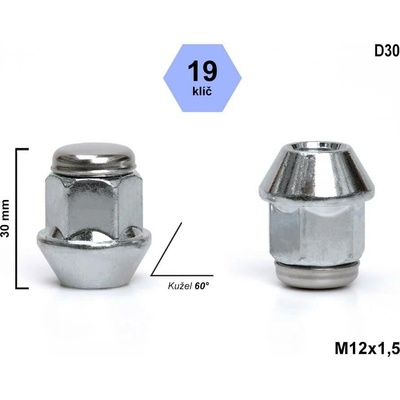 Kolová matice M12x1,5 kužel , klíč 19, D30 výška 30 mm | Zboží Auto