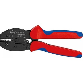 KNIPEX Клещи за кримпване на кабелни накрайници 0.5-10мм2 DIN неизолирани, закалени, синьо-червена ръкохватка 220мм, с пружина, Knipex (K975233)