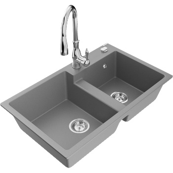 Mexen Tomas гранитна кухненска мивка с 2 корита и кухненски смесител Savita, сив - 6516-71-672601-00 (6516-71-672601-00)