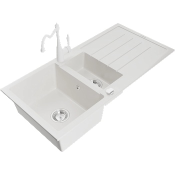 Mexen Andres гранитна мивка с 1, 5 камери с отцедник и кухненски смесител Carla, бял - 6515-20-670700-20 (6515-20-670700-20)