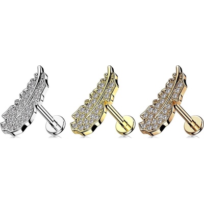 Šperky eshop ocelový retní a bradový labret lístek s čirým zirkonem vnitřní závit W46.35 Stříbrná