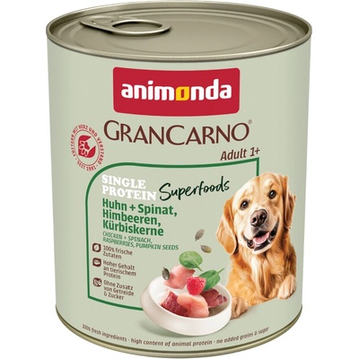 Animonda GranCarno Adult Single Protein Superfoods kuracie špenát, maliny, tekvicové semiačka 24 x 800 g