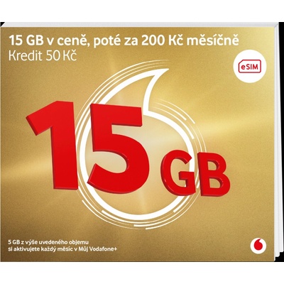 Vodafone SIM Předplacená karta 30 Zlatá karta 15GB (10GB + 5GB ZDARMA) + 50 Kč kredit Forma SIM: eSIM