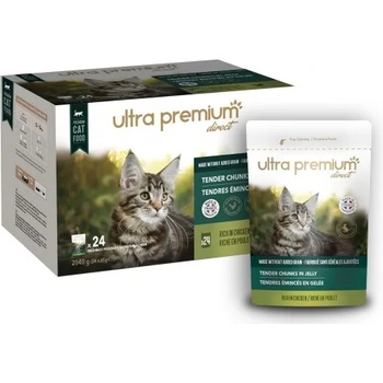 Ultra Premium Direct Tender chunks in gelly rich in chicken for kitten, suitable for adult cats - Мокра храна за котенца, подходяща за пораснали котки с парченца пиле в желе сос, без зърно - 85 гр, Франция WET07