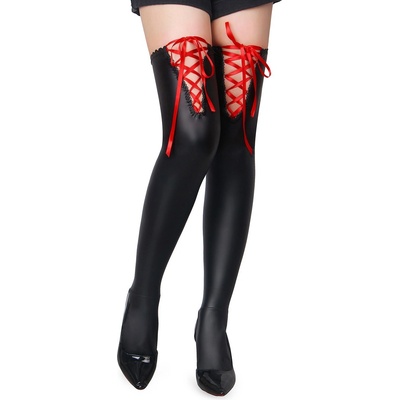 Sexy Elephant® Black Sexy PU Leather Stockings With Red Cross Straps XS-M