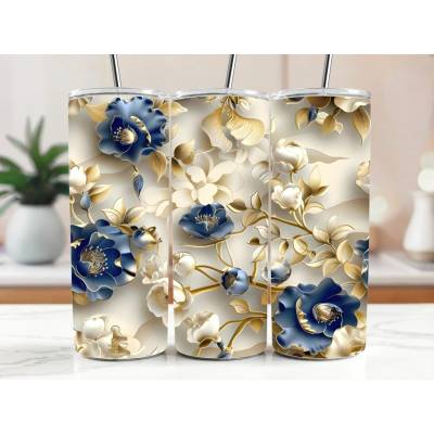 Cool termokelímek s brčkem 590 ml Luxusní modré a zlaté květy