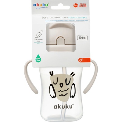 Akuku lahvička/hrneček s úchyty a brčkem Sova 300 ml béžová