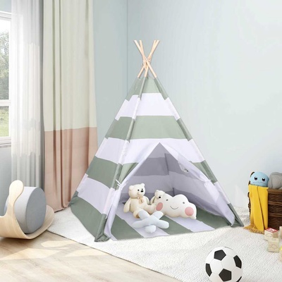 vidaXL Детска палатка Сив и бял 120 x 120 x 150 cm Борово дърво масив (80273)