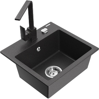 Mexen Milo кухненска мивка от гранит с 1 отделение и кухненски смесител Rita, черна на пръски - 6505-76-670300-76 (6505-76-670300-76)