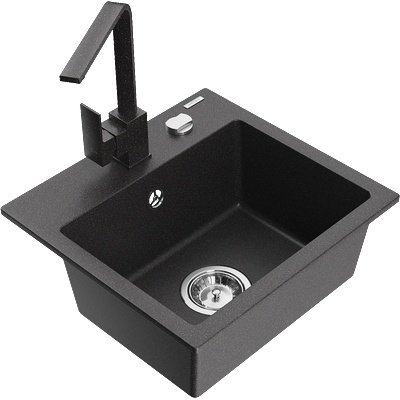 Mexen Milo кухненска мивка от гранит с 1 отделение и кухненски смесител Rita, черна на пръски - 6505-76-670300-76 (6505-76-670300-76)