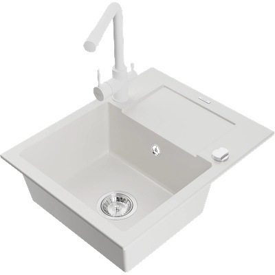 Mexen Enzo кухненска мивка от гранит с 1 отделение с дъска и кухненски смесител Duero, бял - 6506-20-671600-20 (6506-20-671600-20)