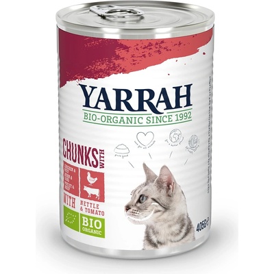 Yarrah Bio kousky bio kuře & bio hovězí s bio kopřivou & bio rajčaty v omáčce 405 g