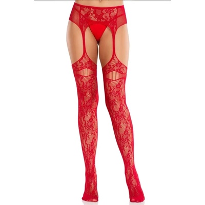 Чорапи с жартиери, дантелени и предизвикателни - Lace Stockings Red S/M/L (D-243068)