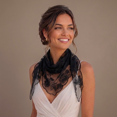 Classic Scarf květinová vyšívaná šála černá