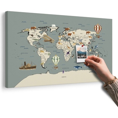 Obraz na korku mapa světa se zvířaty - 90x60 peg