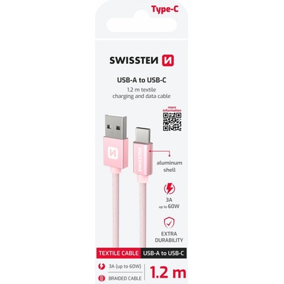 Swissten 71521205 USB 2.0 typ A na C, USB 2.0, zástrčka A - zástrčka C, opletený, 1,2m, růžovo-zlatý