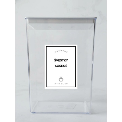 DomaLEP ŠVESTKY SUŠENÉ bílá samolepka na dózu tučné písmo 6 x 8 cm
