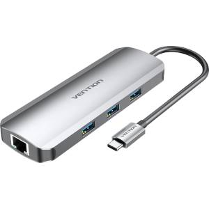 Vention usb-c - hdmi/usb 3.0 × 3/rj45/sd/tf/trrs 3, 5 мм/pd (0, 15 м, сив алуминиев сплав), докинг станция