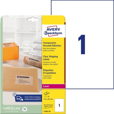 Avery-Zweckform L7567-25 etikety 210 x 297 mm prehľad produktov fólie priehľadná 25 ks trvalé adresná nálepky atrament,