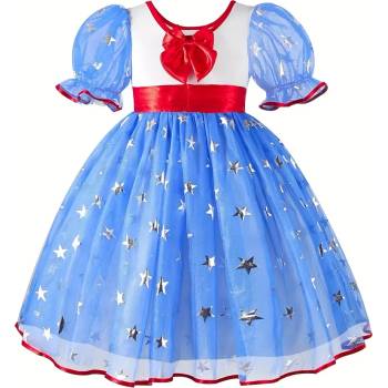 Сладка мрежеста рокля пухкав дизайн със звезди, къси ръкави