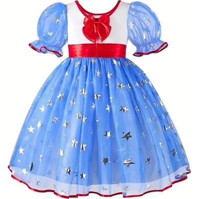 Сладка мрежеста рокля пухкав дизайн със звезди, къси ръкави