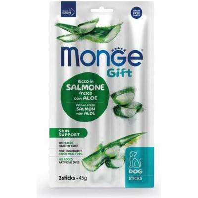 MONGE GIFT Sticks Skin support tyčinky pre psov pre podporu pokožky s lososom a aloe verou 3 x 45 g