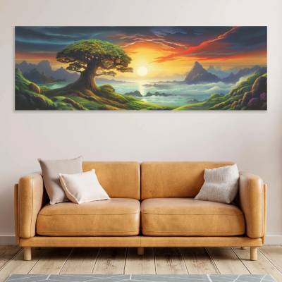 Obraz na plátně - Košatý strom života horské panorama FeelHappy.cz Vyberte rozměr obrazu (šířka x výška): 60 x 20 cm