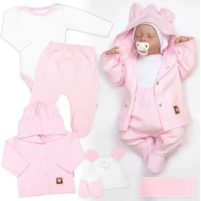 Baby Nellys Žebrovaná sada Star 5D body polodupačky kabátek, čepička rukavice růžová bílá – Sleviste.cz