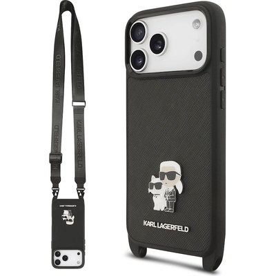 KARL LAGERFELD Дизайнерски кожен кейс с връзка за носене за iPhone 17 Prо Max - Karl Lagerfeld Saffiano Crossbody Metal Karl and Choupette Case (черен) (KLHCP17XSAKCPBK)