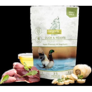 isegrim - Висококачествен пауч за израснали кучета с патешко месо и сърца, 410 гр
