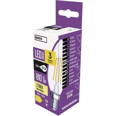 Emos LED žárovka CANDLE, 6W/60W, E14 teplá bílá, 810 lm, Filament, D