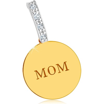 Šperky Eshop Přívěsek ze 14K kombinovaného zlata lesklý plochý kruh nápis MOm zirkonová linie S2GG207.17