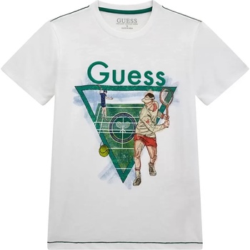 GUESS Тениска с къс ръкав в бяло за момиче с цикламено лого с пайети Guess