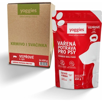 Yoggies Vařená potrava pro psy vepřové maso s rýží 6 x 650 g
