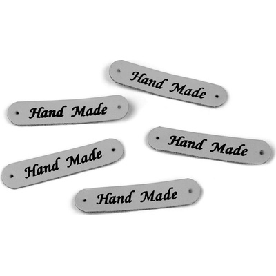 Nášivka / štítek z eko kůže Hand Made 10x48 mm - šedá světlá mat (5 ks)