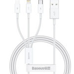 Baseus - Кабел за данни (P10377705213-00) - Бързо зареждане, USB към USB-C, Lightning, Micro-USB, 100W, 480Mbps, 1.5 м - Бял