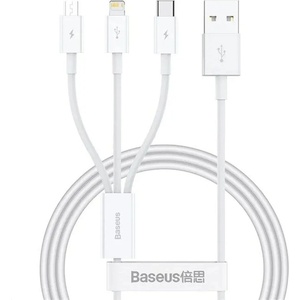 Baseus - Кабел за данни (P10377705213-00) - Бързо зареждане, USB към USB-C, Lightning, Micro-USB, 100W, 480Mbps, 1.5 м - Бял