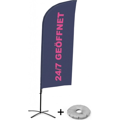 Jansen Display Kompletní sada reklamní vlajky ve tvaru křídla, Otevřeno 24/7, německy Křížová Základna, 1273 x 3030 mm