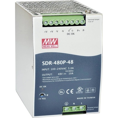 MEAN WELL SDR-480P-48 síťový zdroj na DIN lištu 48 V/DC 10 A 480 W Počet výstupů:1 x Obsah 1 ks