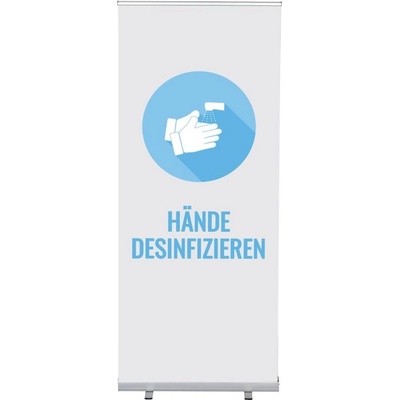 Jansen Display Set Roll-baneru Budget s vytištěným motivem dezinfikovat ruce, bílý, německy, 870 x 2080 mm