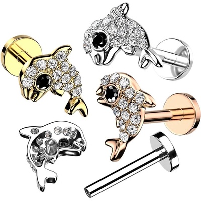 Šperky eshop Ocelový labret delfín s černým okem čirý zirkon vnitřní závit W46.34 zlatá