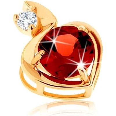 Šperky Eshop Přívěsek ze žlutého zlata obrys srdce s granátem červené barvy čirý zirkon S2GG91.01