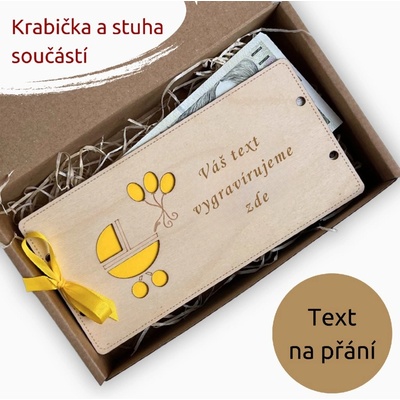 PanDatel Dřevěné pouzdro na peníze - NAROZENÍ DÍTĚTE - kočárek - Váš text