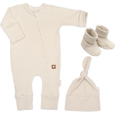 Baby Nellys Rastúci rebrovaný overálek, čiapočka a topánočky, 3D, Nature sv. béžová