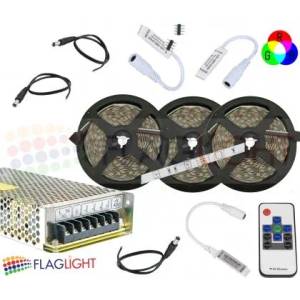  Комплект 15 m LED лента RGB с RF контролер, 10 A захранване , усилватели + подарък конектори (1134)