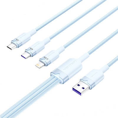 Vention USB-A 2.0/M - USB-C/Lightning/Micro USB-B, 1.5m, (blue, 6A, 3in1), кабел