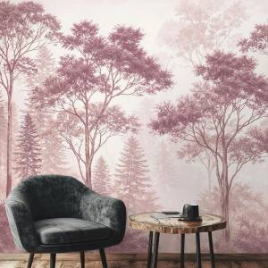 Art Gift Decor Фототапет с розова мъглива гора и дървета