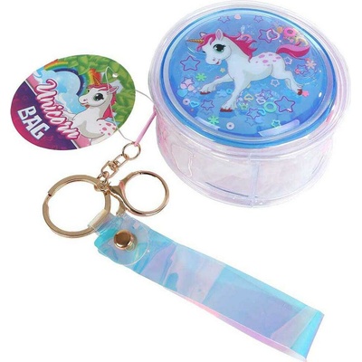 Prívesok na kľúče Unicorn mini kabelka holografická 8,5 cm s trblietkami s príveskom na kľúče