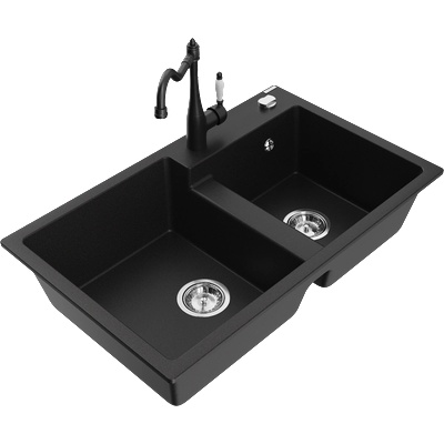 Mexen Tomas гранитна мивка с две корита с кухненски смесител Carla, черна - 6516-77-670700-70 (6516-77-670700-70)