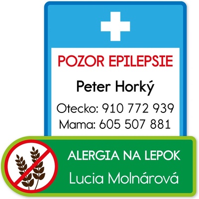 Nálepky s informáciami o zdravotnom stave dieťaťa a kontaktnými údajmi rodičov